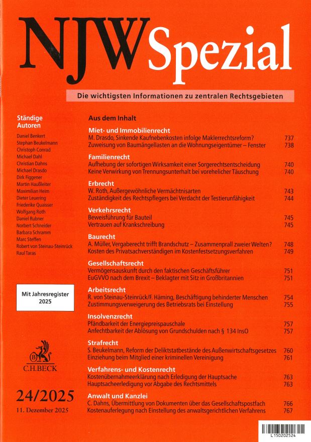 Vergaberecht trifft Brandschutz – Zusammenprall zweier Welten? Kosten des Privatsachverständigen im Kostenfestsetzungsverfahren - 24/2025 NJW-Spezial